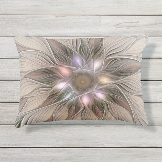 Joyful Blume Abstrakt Beige Brown Fraktal Kissen Für Draußen (Vorderseite)