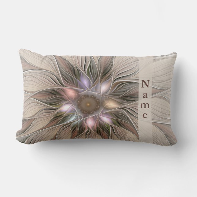 Joyful Blume Abstrakt Beige Brown Fraktal Name Lendenkissen (Vorderseite)