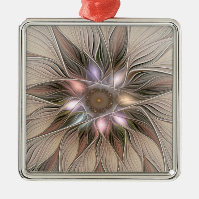 Joyful Blume Abstrakt Beige Brown Fraktal Ornament Aus Metall (Vorne)
