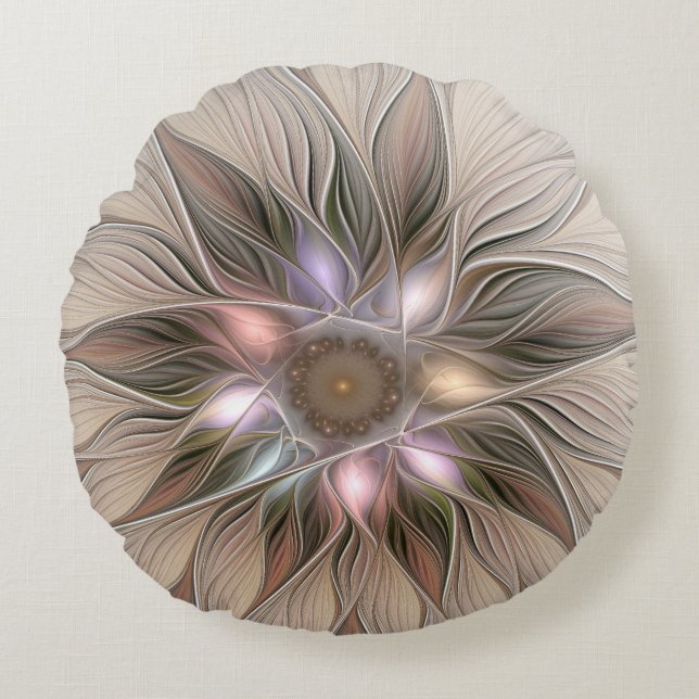 Joyful Blume Abstrakt Beige Brown Fraktal Rundes Kissen (Vorderseite)