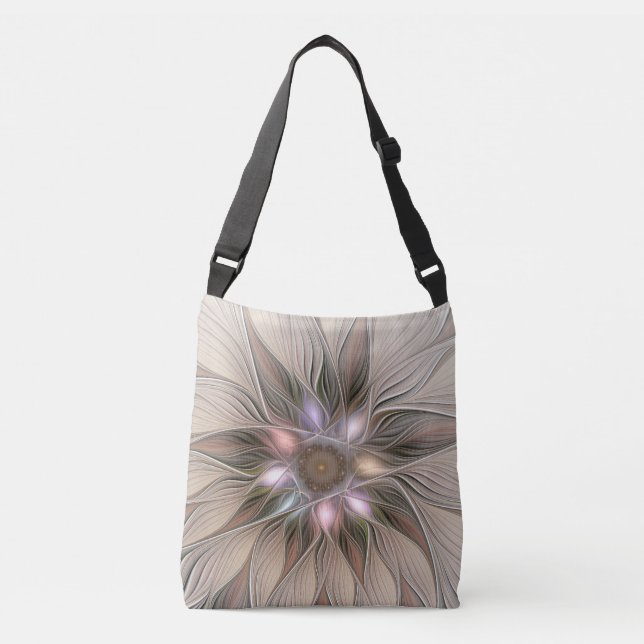 Joyful Blume Abstrakt Beige Brown Fraktal Tragetaschen Mit Langen Trägern (Vorderseite)