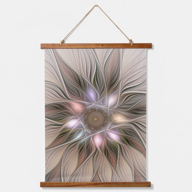 Joyful Blume Abstrakt Beige Brown Fraktal Wandteppich Mit Holzrahmen (Vorderseite)