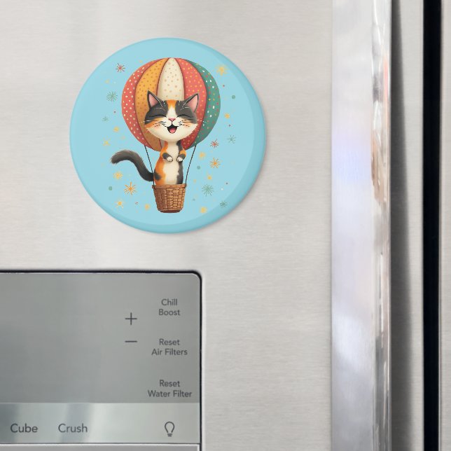 Joyful Calico Cat Sky Adventure Illustration Magnet (In Situ (Kühlschrank))