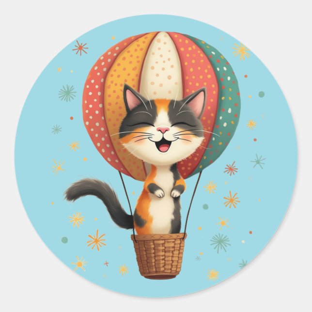 Joyful Calico Cat Sky Adventure Illustration Runder Aufkleber (Vorderseite)