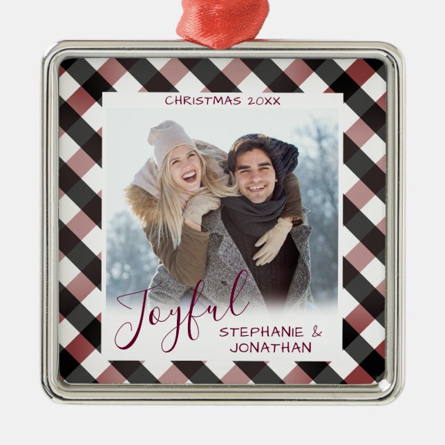 Joyful Calligraphy Buffalo Scheckte Foto Weihnacht Ornament Aus Metall (Vorne)