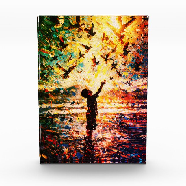 Joyful Child Playing with Birds Sunrise Water Fotoblock (Vorderseite)
