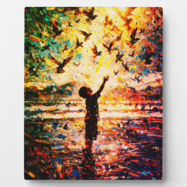 Joyful Child Playing with Birds Sunrise Water Fotoplatte