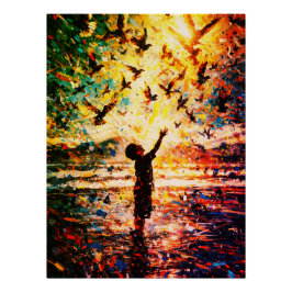 Joyful Child Playing with Birds Sunrise Water Poster