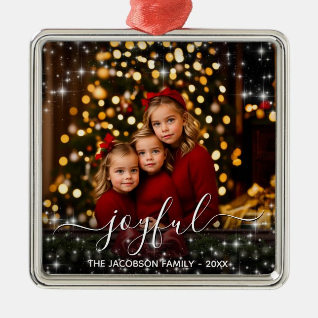 Joyful Christmas Fun Glitzern Holiday Foto Ornament Aus Metall (Vorne)