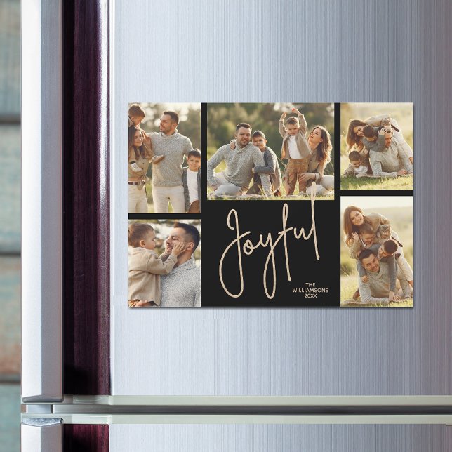 JOYFUL Christmas Photo Collage Magnetic Cards Magnetkarte (JOYFUL script on black Christmas photo collage holiday magnetic cards)