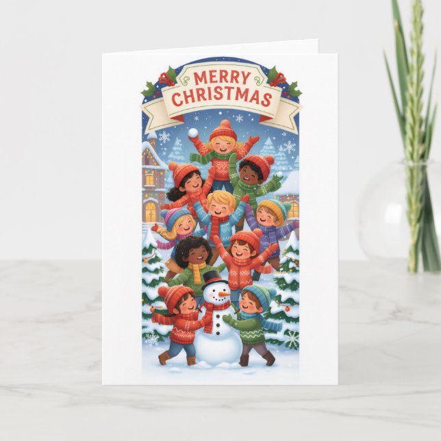 Joyful Christmas Pyramid – Kids Building a Snowman Karte (Vorderseite)