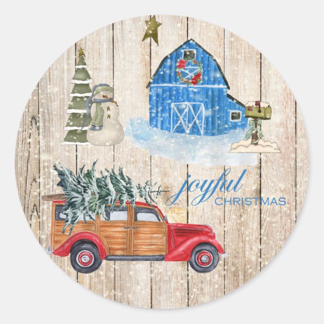 JOYFUL CHRISTMAS - Rustikale Landurlaubslandschaft Runder Aufkleber (Vorderseite)