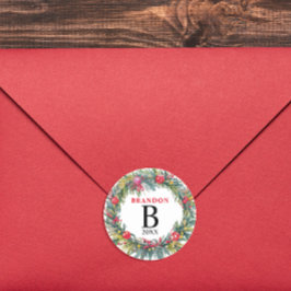 Joyful Christmas Watercolor Kraut Name Monogram Runder Aufkleber