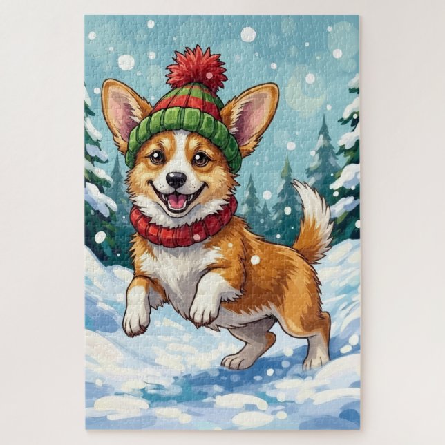Joyful Corgi Dog Bouncing in Snow with Pom Pom (Vertikal)