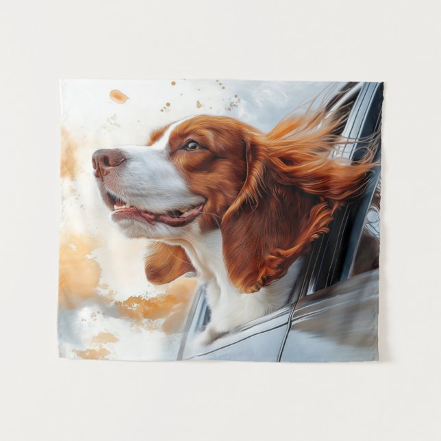 Joyful Dog in Wind Art Print Wandteppich (Vorderseite (Horizontal))