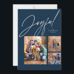 Joyful drei Foto Marineblau Weihnachten<br><div class="desc">Diese Weihnachtskarte der Familie enthält ein großes modernes Drehbuch "fröhlich" über einer Collage von drei Fotos. Die Vielfalt der Formen und Größen eignet sich hervorragend, um Highlights aus dem Jahr oder das Beste aus dem Foto der Familie zu zeigen. Der klassisch marineblau Hintergrund ist auf der Rückseite der Urlaubskarte zu...</div>