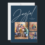 Joyful drei Foto Marineblau Weihnachten<br><div class="desc">Diese Weihnachtskarte der Familie enthält ein großes modernes Drehbuch "fröhlich" über einer Collage von drei Fotos. Die Vielfalt der Formen und Größen eignet sich hervorragend, um Highlights aus dem Jahr oder das Beste aus dem Foto der Familie zu zeigen. Der klassisch marineblau Hintergrund ist auf der Rückseite der Urlaubskarte zu...</div>