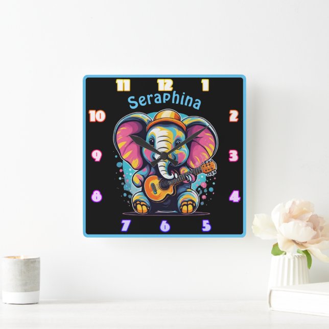 Joyful Elefant, der Gitarre spielt Quadratische Wanduhr (Zuhause)