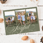 Joyful Elegant Script Sage Green Photo Holiday Feiertagskarte<br><div class="desc">Minimal and modern holiday photo template card featuring 3 photos with a script text that says "joyful" at the bottom. You can also add another picture and message on the back. The background is sage green.</div>