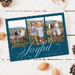 Joyful Elegant Script Teal Multi Photo Holiday Feiertagskarte<br><div class="desc">Minimal and modern holiday photo template card featuring 3 photos with a script text that says "joyful" at the bottom. You can also add another picture and message on the back. The background is teal.</div>