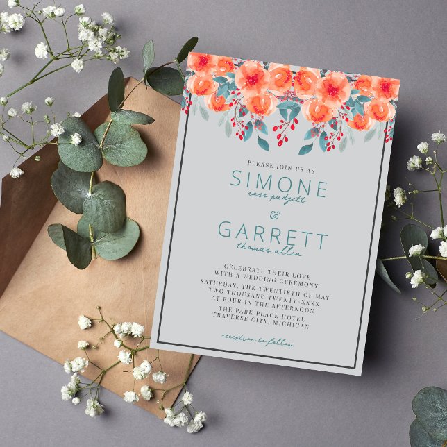 Joyful Floral Orange und Aquamarine Hochzeit Einladung (Von Creator hochgeladen)
