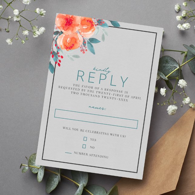Joyful Floral Orange und Aquamarine Hochzeit RSVP Karte (Von Creator hochgeladen)