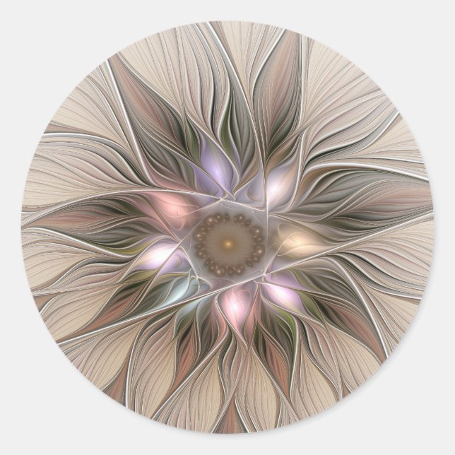 Joyful Flower Abstract Beige Brown Floral Fractal Runder Aufkleber (Vorderseite)