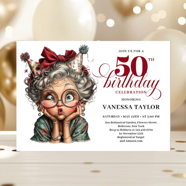 Joyful Funny Lady 50th Birthday Cartoon Humor  Einladung (Joyful Funny Lady 50th Birthday Cartoon Humor Invitation)