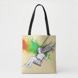 Joyful Girl on Swing - Vibrant Splash of Colors Tasche