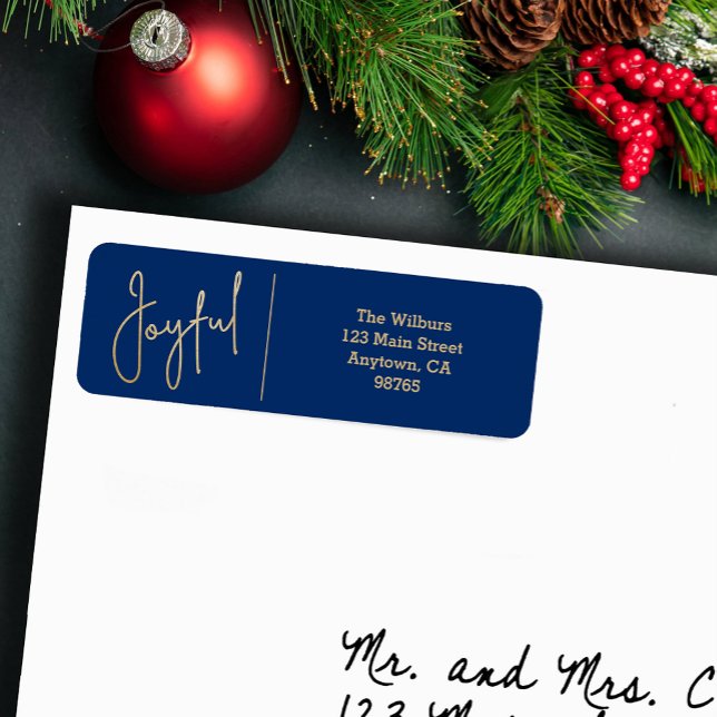 JOYFUL Gold and Blue Christmas Return Address (JOYFUL Faux Gold Foil on Blue Return Address Labels)