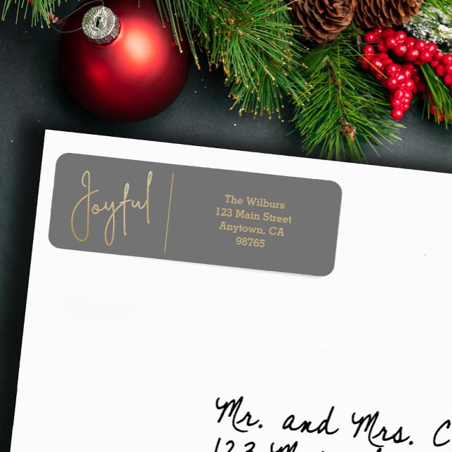 JOYFUL Gold and Gray Christmas Return Address (JOYFUL Faux Gold Foil on Silver Grey Return Address Labels)