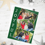 Joyful Green 3 Family Foto Collage Weihnachten<br><div class="desc">Moderne grüne Weihnachts-Foto-Collage Postcard mit 3 Familienfotos in einem lustigen überlappenden Schnappschuss-Muster mit weißem Rand und das Wort Joyful senkrecht nach unten geschrieben. Finden Sie Ihre drei Lieblingsbilder für diese niedlichen Familienurlaub Postkarten.</div>