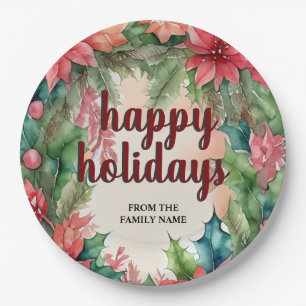 Joyful Green Wreath & Red Poinsettia Holiday Pappteller