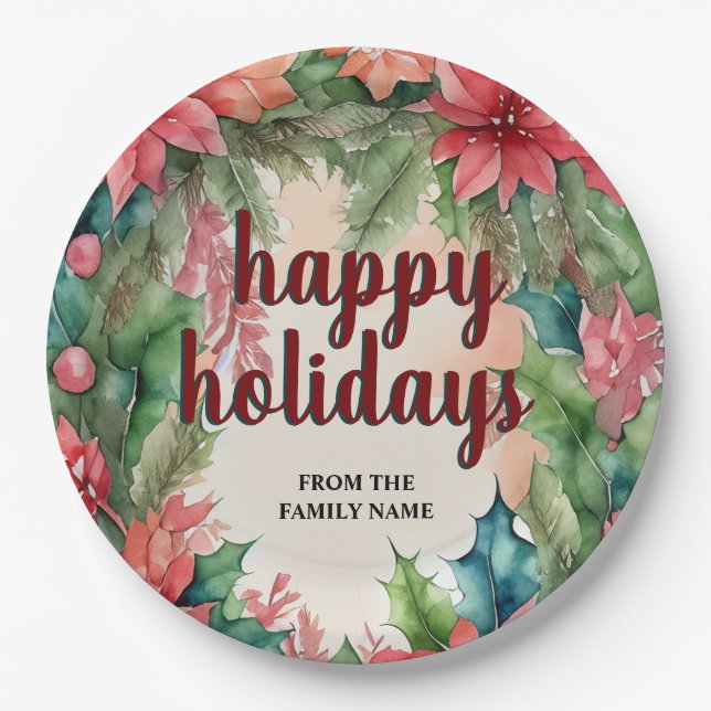 Joyful Green Wreath & Red Poinsettia Holiday Pappteller (Vorderseite)