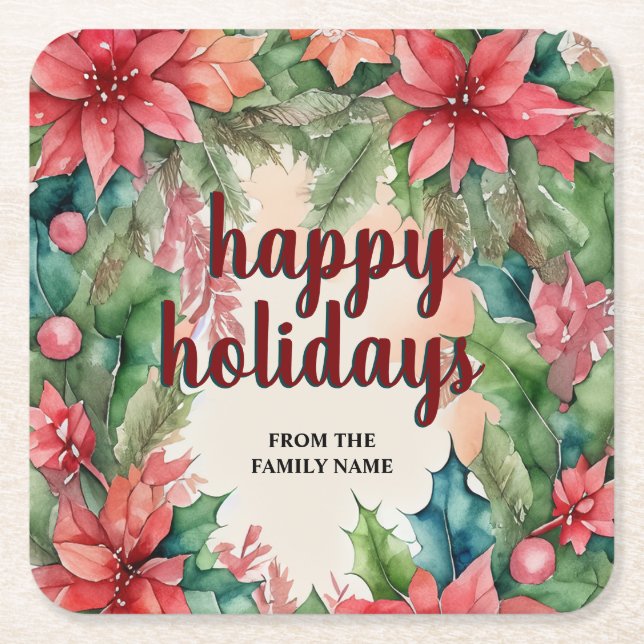 Joyful Green Wreath & Red Poinsettia Holiday Rechteckiger Pappuntersetzer (Vorderseite)