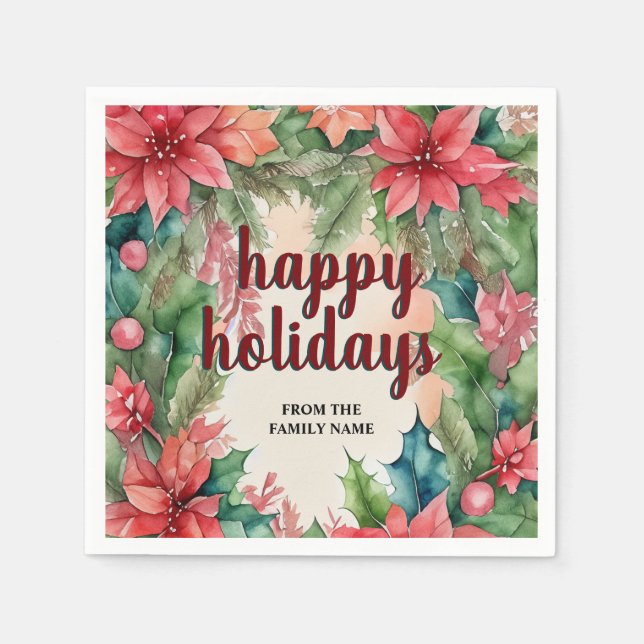 Joyful Green Wreath & Red Poinsettia Holiday Serviette (Vorderseite)