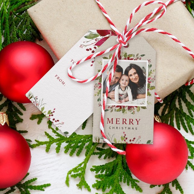 Joyful Greenery Custom Foto Frohe Weihnachten Geschenkanhänger (Von Creator hochgeladen)