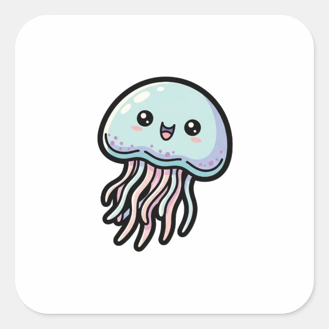 Joyful Jellyfish – Cute Kawaii Illustration Quadratischer Aufkleber (Vorderseite)