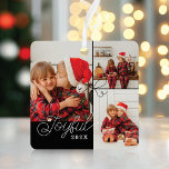 Joyful Minimal Foto Collage Present Ribbon Black Ornament Aus Metall<br><div class="desc">Ein wunderschönes minimales Foto Collage Weihnachtsschmuck. Passen Sie sich mit drei Ihrer beliebtesten Fotos an. Freude ist in einem modernen Script-Schriftart geschrieben,  zusammen mit dem Jahr und Namen auf der Rückseite. Das perfekte Geschenk für Ihre Familie in dieser Ferienzeit. Von der Moodthology-Paperie entworfen</div>