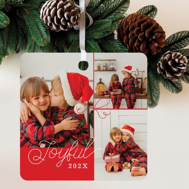 Joyful Minimal Foto Collage Present Ribbon Rot Ornament Aus Metall (Joyful Minimal Photo Collage Present Ribbon Red Metal Ornament)