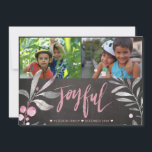 Joyful Mistletoe 2 Foto Collage Chalkboard Feiertagskarte<br><div class="desc">Dunkelgraue Holzkalkpappe,  hellgraue und rot-grüne Blattmatte und eine "fröhliche" Handschrift,  die schicke Kalligraphie,  die eine moderne rustikale,  inspirierte Weihnachtskronenkarte macht.             Persönlich mit zwei landschaftsorientierten Fotos und Ihrer Unterschrift!</div>