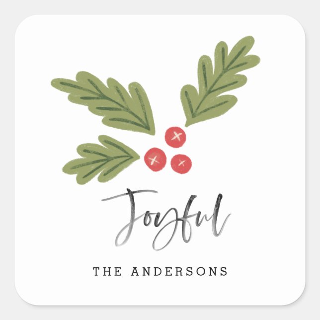 Joyful Modern Fun Holiday Berry Weihnachtsname Quadratischer Aufkleber (Vorderseite)