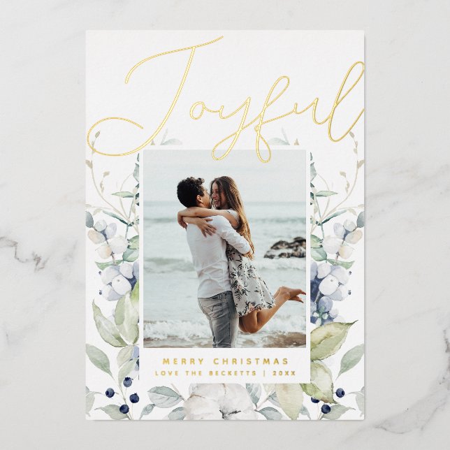 Joyful Modern Script Foto Folien Feiertagskarte (Vorderseite)