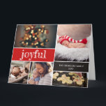 Joyful Modern Script Red Christmas Foto Collage Karte<br><div class="desc">Personalisierte diese Collage Baby Weihnachtsgrüß/Ankündigung Karte mit Ihren Lieblings-Fotos. Die gefaltete Karte ist ideal, um Ihre Begeisterung bei der Ankündigung der Geburt Ihres ersten Babys auszudrücken und Ihre Familie Weihnachtsgrüße zu schicken und Ihnen gleichzeitig zu danken. Die Wörter, Fotos, Gruß und Abmeldung können bei Bedarf einfach angepasst werden. Ersetzen Sie...</div>