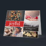 Joyful Modern Script Red Christmas Foto Collage Karte<br><div class="desc">Personalisierte diese Collage Baby Weihnachtsgrüß/Ankündigung Karte mit Ihren Lieblings-Fotos. Die gefaltete Karte ist ideal, um Ihre Begeisterung bei der Ankündigung der Geburt Ihres ersten Babys auszudrücken und Ihre Familie Weihnachtsgrüße zu schicken und Ihnen gleichzeitig zu danken. Die Wörter, Fotos, Gruß und Abmeldung können bei Bedarf einfach angepasst werden. Ersetzen Sie...</div>