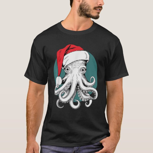 Joyful Octopus Santa on Octopus Weihnachten T-Shirt (Vorderseite)