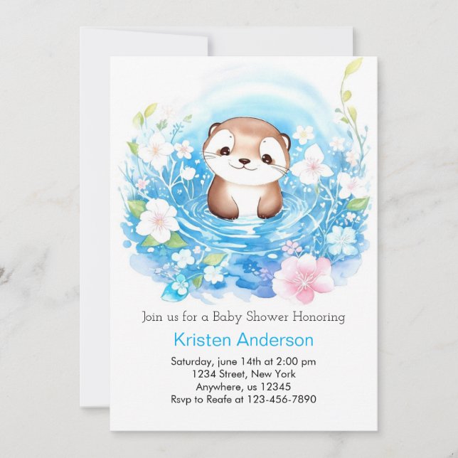 Joyful Otter's Watercolor Boy Baby Shower Einladung (Vorderseite)