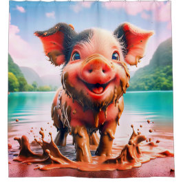 "Joyful Piglet in Mud Bath - Whimsical Farm Art" Duschvorhang
