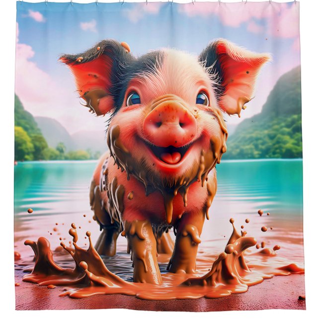 "Joyful Piglet in Mud Bath - Whimsical Farm Art" Duschvorhang (Vorderseite)
