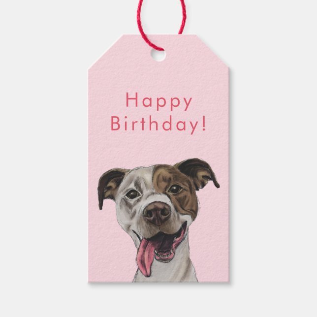 Joyful Pit Bull Dog Zeichnend | Happy Birthday Geschenkanhänger (Vorderseite)